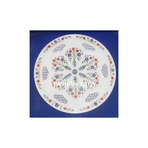 Indian Best Quality Handmade White Marble Inlay Round <b>Plate</b> With Glossy <b>Surface</b> For Home Office And Kitchen Decorative Supplier. - Product Image 2