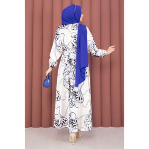 Beige-Indigo Satin Hijab Dress <b>Chain</b> Pattern <b>Belt</b> Basic Modest Elegant Style Straight Silhouette Floral Solid Pattern for Summer - Product Image 6