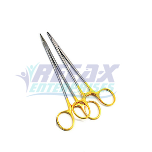 Porte-aiguilles chirurgical manuel REEAX ENTERPRISES en acier inoxydable de haute qualité avec poignée dorée et impression de logo - Product Image 1