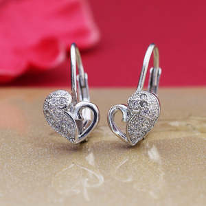 925 <b>Silver</b> Heart Clip-On Earrings With Crystal Rhinestones Romantic Everyday Wear For Women - Product Image 3