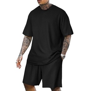 Nuevo verano hombres cuello redondo manga corta transpirable Streetwear Vintage lavado Oversize dos piezas algodón camiseta y pantalones cortos conjunto - Product Image 2