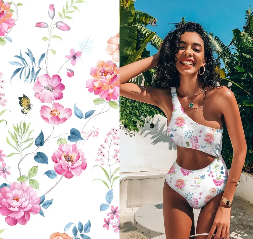 dty tropical hot women transparent digital printed antiuv upf 50 recycled Sustainable Swimwear Fabrics