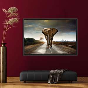 Alone Elephant Tempered Glass Print - Printed Canvas Artwork,BLACK <b>FRAMED</b> CANVAS - Product Image 1