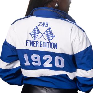Chaqueta Zeta Race Car con cresta bordada y Paneles Azules y blancos para ropa de abrigo elegante de hermandad y moda griega genuina - Product Image 6