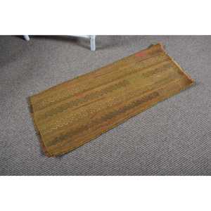 Vintage Turkish Rug, 1.2x2.9 ft Small Rug, <b>Brown</b> Green Abstract <b>Wool</b> Rug - Product Image 2