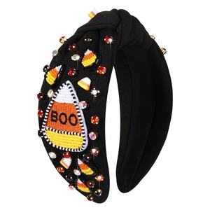 Halloween Beaded Fabric Knotted <b>Headbands</b> Rhinestone Pumpkin Candy Corn Crystal <b>Padded</b> Hairband Festive Party Hair Accessories - Product Image 4