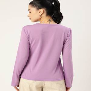 Camiseta de cuello redondo liso morado, ropa informal de verano, camiseta de mujer de manga regular de longitud completa - Product Image 4