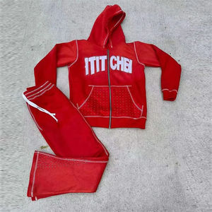 Mens <b>Red</b> Tracksuit Set Full Zip <b>Hoodie</b> And Sweatpants Two Piece Outfit Streetwear Fashion Casual Sportswear Wholesale Clothing - Product Image 1