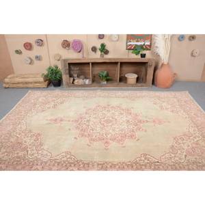 พรมตุรกีโบราณทรงสี่เหลี่ยมผืนผ้าขนาดใหญ่6.9 x 10.6ft คลาสสิกสีชมพูเบจสไตล์แอบสต่อผ้าขนแกะสำหรับตกแต่งห้องโถงห้อง - Product Image 4