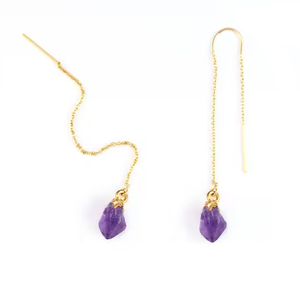 Pendientes de Hilo con Amatista Natural, Piedra de Nacimiento, 10mm-12mm, Delicados, Chapado en Oro, Diseño Elegante y Moderno, Unisex, para Bodas y Fiestas - Product Image 2