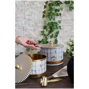 Juego de caja de lata redonda de metal Dia 175x155 - Dia 140x125 Manija de perilla (Juego de 2) Ilustración de jaula de pájaros vintage con pájaros coloridos - Product Image 1