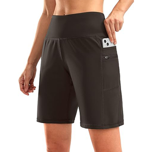 Pantalones cortos atléticos de cintura alta de 9 pulgadas para mujer, diseño de Bermudas hasta la rodilla, bolsillos con cremallera, transpirables, para gimnasio, Fitness, correr, uso diario - Product Image 1