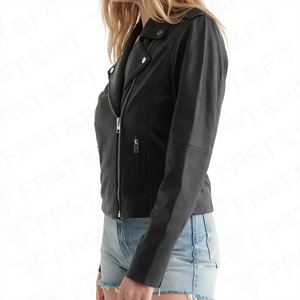 Chaqueta Corta de Motociclista de Piel de Oveja Personalizada, Cortavientos, con Bolsillo con Cremallera, Chaqueta de Cuero para Mujer - Product Image 2