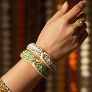 Set of 2 Green & Off-White Embellished Lac Cuff <b>Bracelets</b> Fashion Bangles - Product Image 3