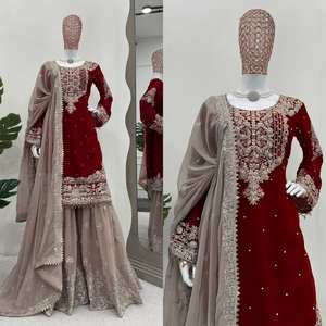 Costume Sharara de créateur marron, travail de séquence Dori à codage lourd, Sharara indien prêt à l'emploi, robe traditionnelle pakistanaise - Product Image 2