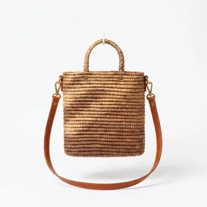 Sac cabas en paille tressée pour femme avec anse en cuir, style bohème, ouverture supérieure, deux poignées, portable pour usage quotidien toutes saisons - Product Image 4
