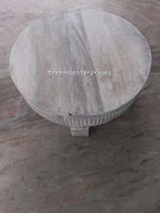 Rustic Wooden Farmhouse <b>Round</b> <b>Stool</b> Whitewash Wooden Chakki Display Stand Beautiful Carved Wooden Central Coffee Table - Product Image 6