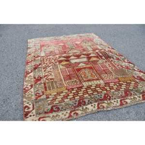 Alfombra turca vintage 3,7x4,8 pies rojo Beige lana hecha a mano Patchwork diseño abstracto látex de 10mm de espesor para adolescentes de entrada - Product Image 4