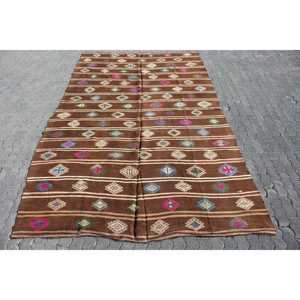 Kilim Rug, 7.7x12.4 ft Turkish Rug, <b>Brown</b> Bordered Rug <b>Wool</b> - Product Image 1