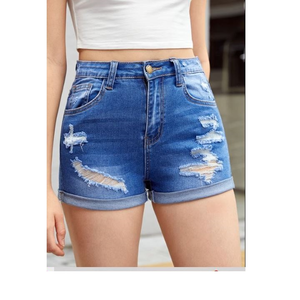 Pantalones cortos de mezclilla rasgados desgastados lavados de verano para mujer 2024, pantalones cortos informales con patrón sólido para damas, precio al por mayor - Product Image 3