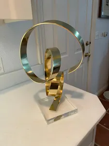 Modern Aluminium Abstract Gold Metal Ribbon Sculpture with Clear Acrylic Lucite Base Decorative <b>Home</b> Office Art Piece - Product Image 2