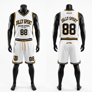 Premium 180 GSM Breathable Mesh Polyester White Gold Trim Basketball Uniform Custom Logo jersey short <b>set</b> for men's - Product Image 1