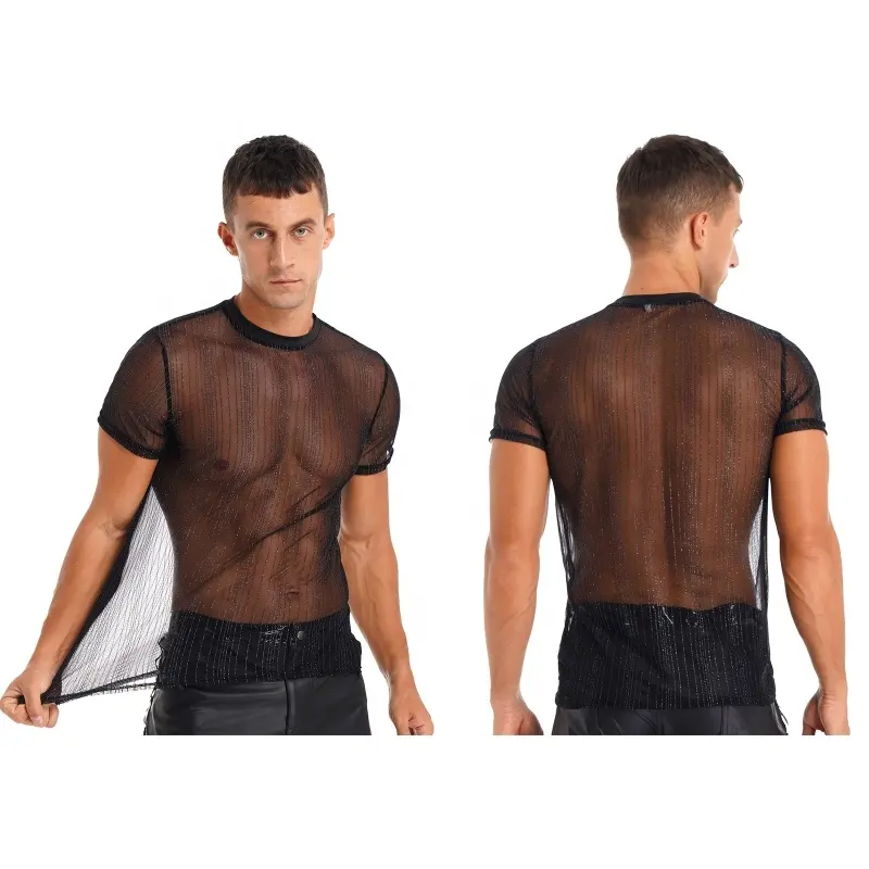 Mens Fashion Glitter Stripe Short Sleeve T-shirt See-through Mesh Round Neck Tee Top for Party Clubwear