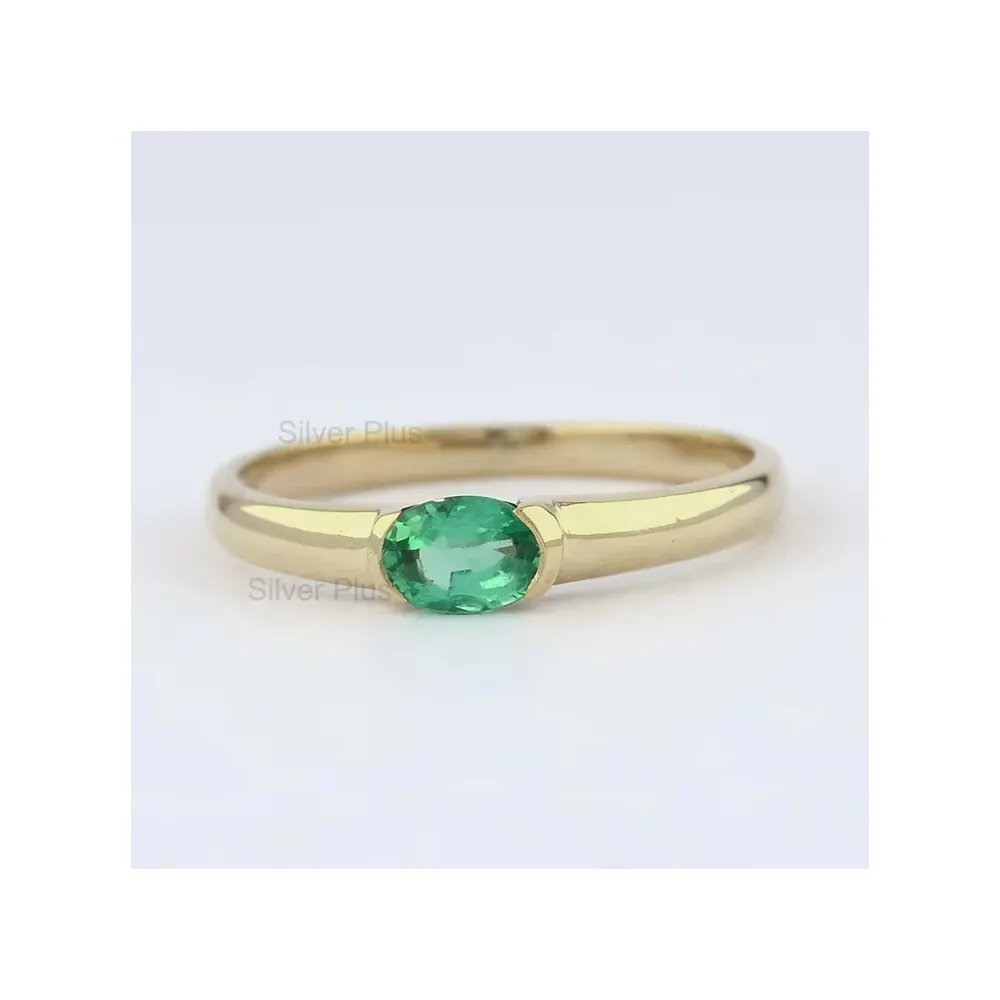 Genuine Oval Shape Emerald Solitaire Engagement Ring Solid 14K Yellow Gold Half Bezel Ring Minimalist Jewelry Wholesale Ring