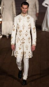 DAZZLING DESIGN GOLD ZARI EMBROIDERY on WHITE SHERWANI,PANT & MATCHING <b>SHOE</b> WITH EMBELLISHED CRYSTAL GLASS BEADS,DABKA <b>WORK</b>@2024 - Product Image 3