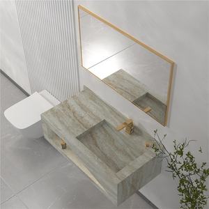 Iluminación LED Nicho Pizarra Gabinete de <span class=keywords><strong>lavabo</strong></span> integrado Mármol Superficie sólida Fregadero de piedra sinterizada Tocador de baño con espejo enmarcado - Product Image 1