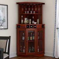 Meuble en bois de teck massif de style antique, bar à vin d'angle avec portes vitrées, quincaillerie en fer et porte-bouteilles fixe