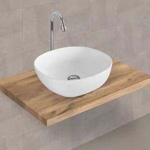 Lavabo de table blanc Lavabo à main moderne classique Lavabo à surface solide Vanité de salle de bain Évier à montage sur robinet monotrou - Product Image 1