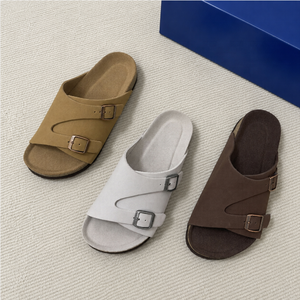 <span class=keywords><strong>Sabots</strong></span> en cuir de vachette doublés polaire pour hommes et femmes, pantoufles décontractées d'extérieur en liège avec boucle réglable, semelle souple et confortable, chaussures de gros - Product Image 2
