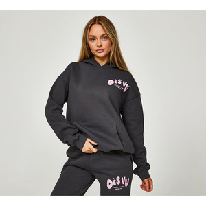 Survêtement deux pièces pour femmes de qualité supérieure 100% coton couleur unie col à capuche surdimensionné conception unie pour dames - Product Image 2