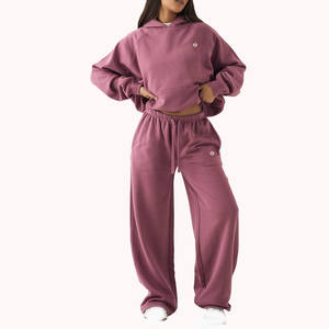 Women <b>Fleece</b> Tracksuit Set Cropped <b>Hoodie</b> Wide Fit Pants Activewear Two Piece Set OEM Private Label Bulk Supply - Product Image 1