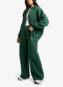 Qualité supérieure en gros 100% coton surdimensionné goutte épaule femmes survêtement pleine fermeture éclair sweat à capuche et pantalon évasé - Product Image 2