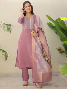 <b>women</b> ethnic Pink Floral Embroidered Round Neck Pure Silk Straight Kurta With <b>Trousers</b> & Dupatta indian pakistan salwar kameez - Product Image 3