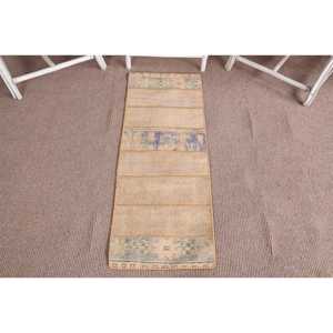 Turkish Vintage Rug 1.5x4 ft (45x122 cm), <b>Brown</b> Bordered <b>Wool</b> Rug - Product Image 1