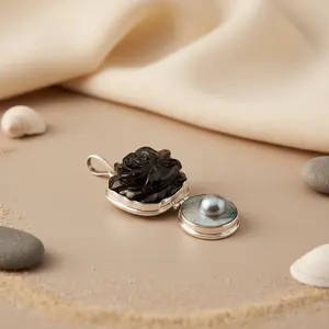 Black Onyx Rose Pendant <b>Necklace</b> Diamond Zircon Moissanite 14K Gold Rhodium Sterling <b>Silver</b> <b>Locket</b> Geometric Shape Pattern - Product Image 3