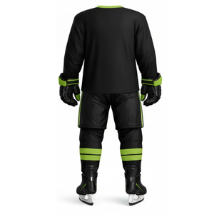 ชุดฮอกกี้น้ำแข็งแบบกำหนดเองสำหรับผู้ชาย สีดำ-เขียวมะนาว แบบซับลิเมชั่นเต็มตัว เสื้อทีม ด้านหน้า-ด้านหลัง ชุดกีฬา รับผลิตแบบ OEM - Product Image 2