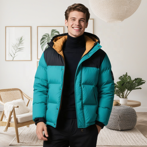 Blouson en jean pour moto personnalisé en usine, coque en cuir véritable, coupe ajustée, col en V, rembourrage en fibre de polyester, doudoune d'hiver pour homme - Product Image 1