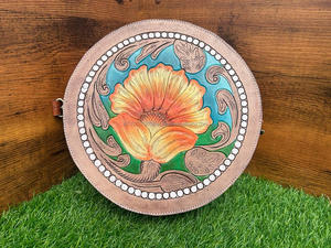 Nouveau Style occidental usiné à la main en cuir cantine sac femmes usiné imprimé fleuri forme ronde sacs à bandoulière Style Vintage sac en cuir - Product Image 4