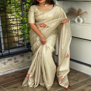 Ropa de boda exclusiva última tendencia nueva llegada Lino algodón estampado a mano Sari compras en línea India - Product Image 1