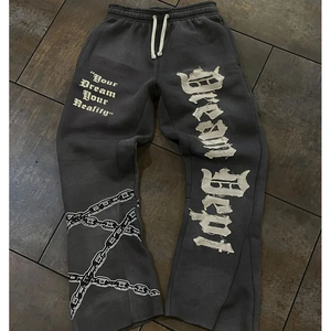 Bordado desgastado Ropa deportiva personalizada Joggers French Terry Black Corduroy Split Hem Pantalones de chándal de pierna recta Fabricación personalizada - Product Image 2