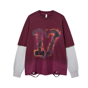Camiseta de Manga Larga Oversize para Hombre, Estampado Flame 17, Ribete en Contraste, Estilo Urbano, Cuello Redondo, Jersey de Algodón - Product Image 3