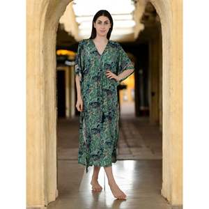 Women's Green Paisley Silk <b>Kaftan</b> Swimsuit Cover-Up #1623 - Product Image 3