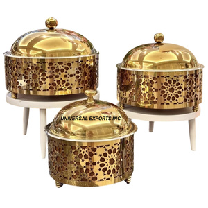 Pot en métal fini argent brillant avec dôme intérieur en bois Casserole faite à la main de qualité supérieure Forme ronde Chauffe-plats en métal fantaisie - Product Image 2