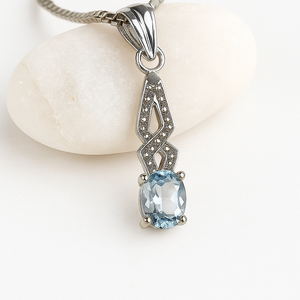 Handmade Minimalist Women's Fine Pendant <b>Necklace</b> <b>Blue</b> <b>Topaz</b> Oval Cut Rhodium Plated Sterling Silver Charm Everyday Wear 1.50g - Product Image 4