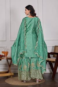 Designer Traditional Ethnic 3-Piece Set Readymade Stitched Sharara Gharara Georgette <b>Fabric</b> <b>Indian</b> Embroidery Work Reversible - Product Image 5