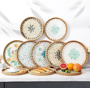Plateau de service en rotin tissé décoratif OEM ODM Boho avec incrustation de nacre pour décoration de table basse ou plateau en osier - Product Image 5